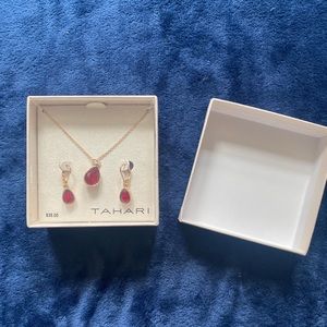Tahari Red Stone with Gold Tone Chain, Matching Earrings